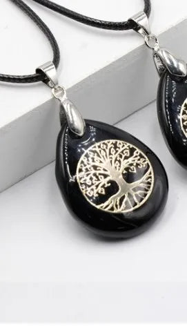 Pendentif Arbre de Vie en Pierres Naturelles - L'Obsidienne